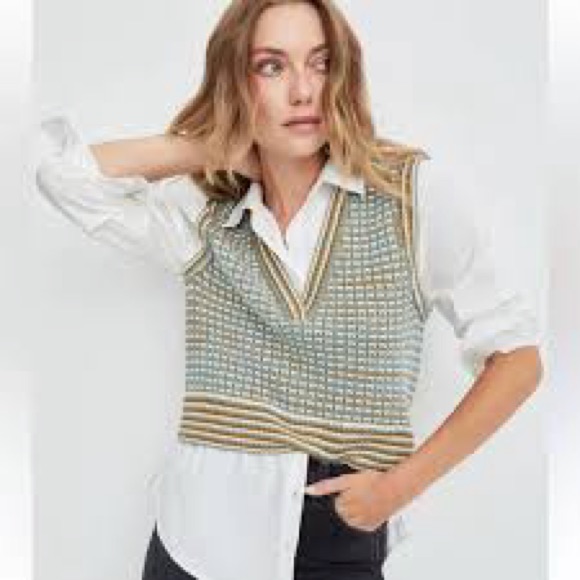 Nwt Veronica Beard Serwa Mixed Media Vest - Blue Multi ..Blue And Gold Knit Vest
